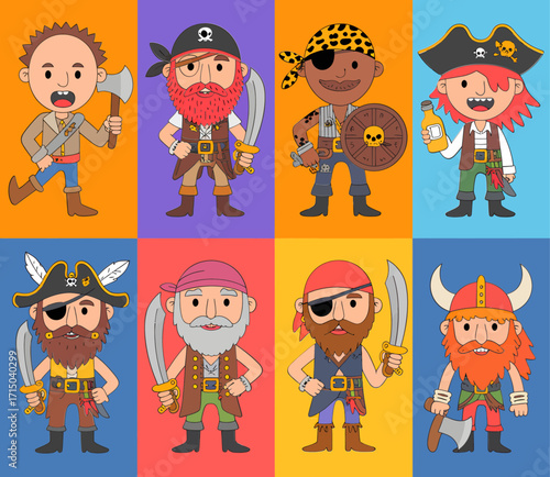 Colorful cartoon pirate characters in various poses and outfits.