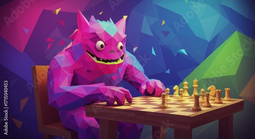 Geometric monster playing chess polygonal art style vibrant colors