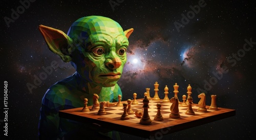 Greenskinned figure with pointed ears stares at a chessboard set against a space backdrop