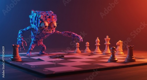 Pixelated monster plays chess on a warped board with pawns bishop king knight and rooks