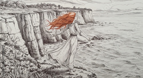 Redhaired woman stands by the sea cliff facing the ocean with arms outstretched