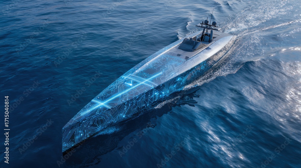 Naklejka premium A sleek speedboat navigates the calm clear blue ocean waters. Its futuristic design showcases glowing patterns highlighting advanced technology.