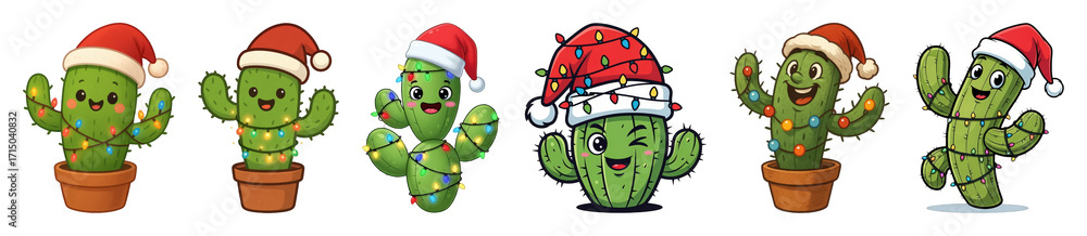 Fototapeta premium Christmas cactus set including various festive cacti wearing Santa hats and colorful lights isolated. Holiday season collection.