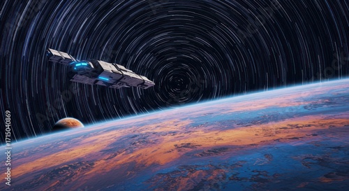Spaceship near planet with swirling star trails