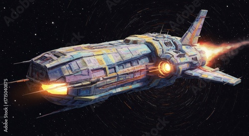 Spaceship with colorful panels flies with orangeyellow flames against a black starfilled background
