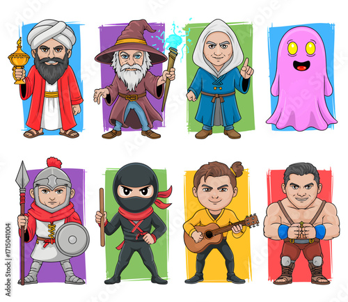 A vibrant collection of eight distinct cartoon characters, each representing a different archetype or profession, set against colorful backgrounds.