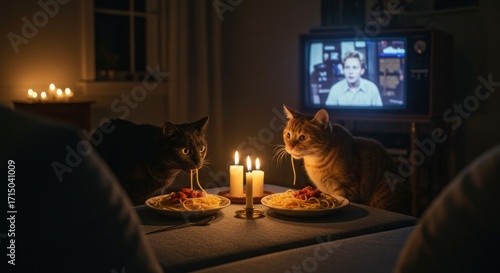 Two cats eat spaghetti at a candlelit table while watching TV