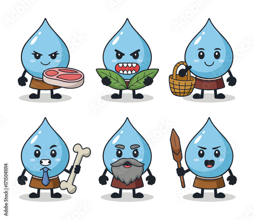 Cartoon water droplets with various expressions and holding different objects, in a caveman theme.