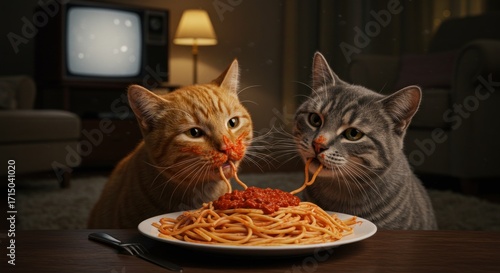 Two cats eating spaghetti at a table with a television and lamp in the background