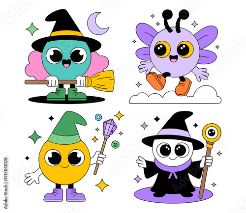Four cute Halloween-themed characters with magical attributes.