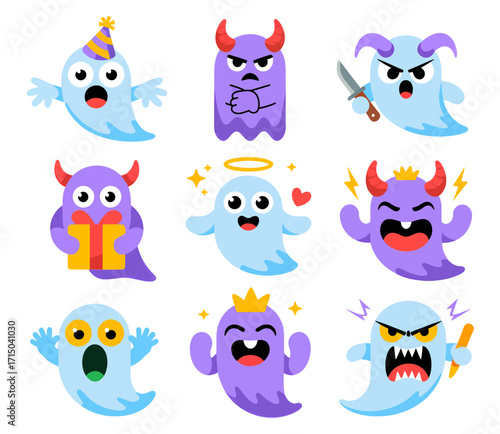 A collection of nine cute cartoon ghosts expressing a variety of emotions and characters, including devils, an angel, and a king.