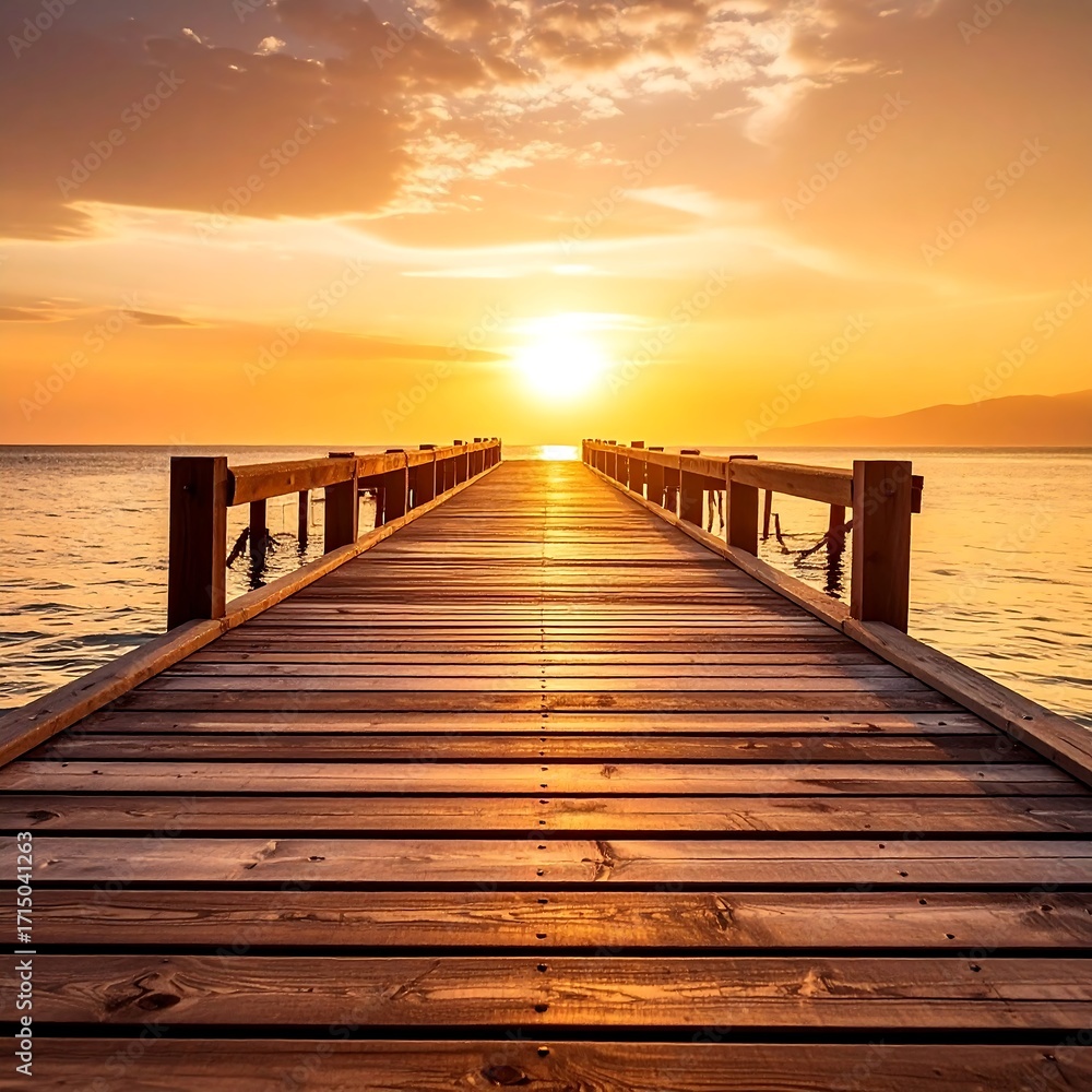 Fototapeta premium Wooden pier at golden sunset over calm sea
