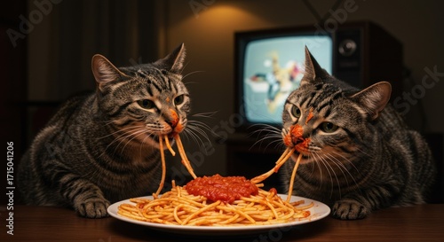 Two tabby cats devour spaghetti with tomato sauce sitting at a table An old TV is in the background