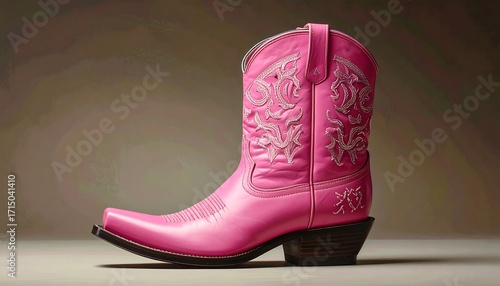 A vibrant, pink cowboy boot with intricate embroidery showcases a bold fashion statement.