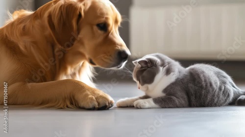 Golden retriever and a grey and white cat gently meet on a light gray floor
