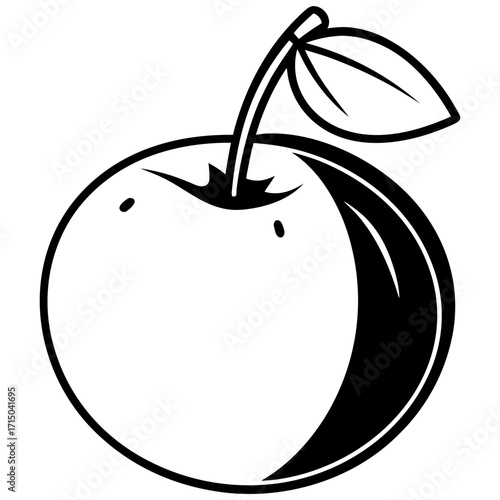 Stylized black and white silhouette of a fresh apple with a leaf and stem isolated on white background