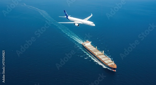 Airplane flying over a cargo ship at sea