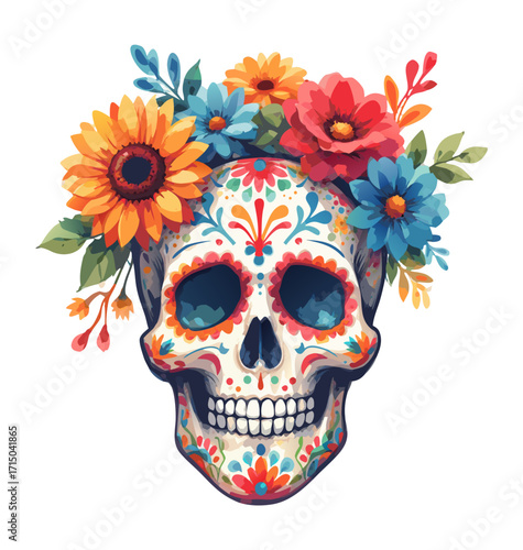 Colorful Catrina sugar skull with floral decorations on transparent background, isolated, vector, Dia de los Muertos