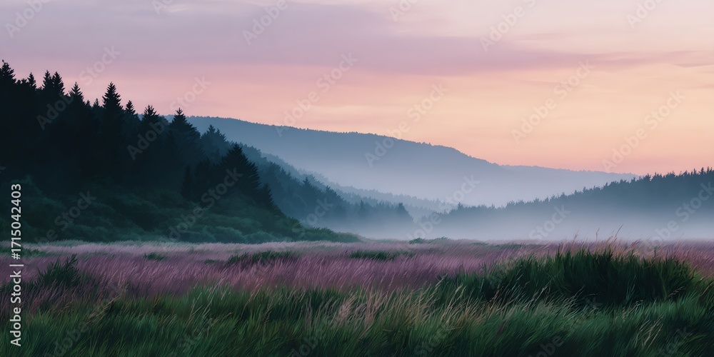 Fototapeta premium serene landscape with a purple sky and a misty, foggy atmosphere