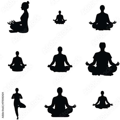 Diverse yoga poses in silhouette against a white background showcasing meditation mindfulness and healthy lifestyle choices for wellness