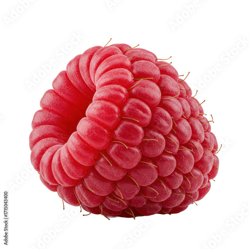A single, perfectly ripe, vibrant ruby red raspberry with glistening dew droplets and detailed drupelets, extreme close-up, isolated on a transparent background. Concept of pristine natural beauty