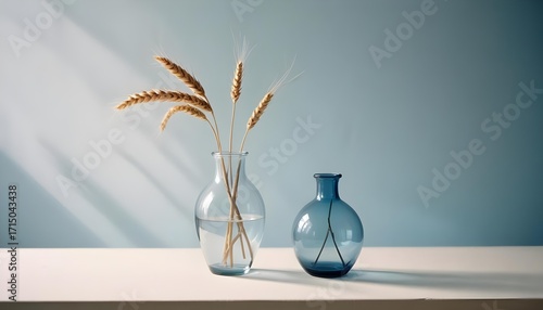 Wheat stalks in a vase and a blue vase on a white surface.