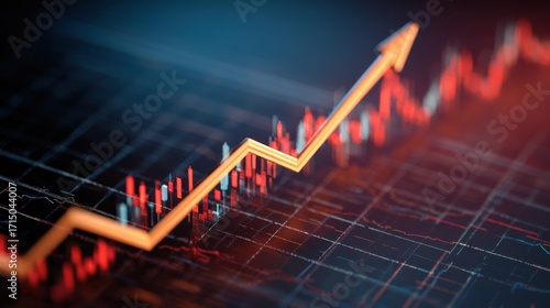 Candlestick chart depicts a strong upward trend in financial markets highlighting increased trading activity and investor confidence. The orange arrow emphasizes growth in stocks or assets.
