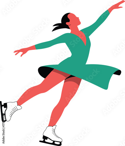 Graceful figure skater in a teal dress performing on ice