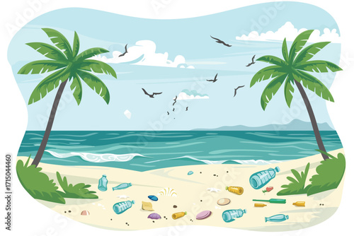 plastic polution of beach nature isolated