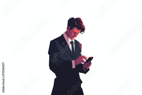sad man in business suit using phone Cybersecurity overworked isolated