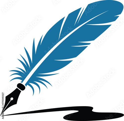 Blue quill pen with ink splatter on white background