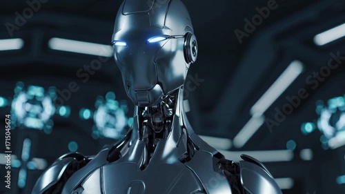 A futuristic illustration of a robot with artificial intelligence. The robot is sleek and advanced, with glowing eyes and a powerful presence
