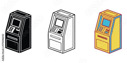 Three atm machine icons in black white and yellow displaying financial transactions vector