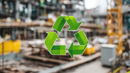 A prominent green recycling symbol is displayed against a busy construction site filled with machinery scaffolding and building materials during daytime work hours.
