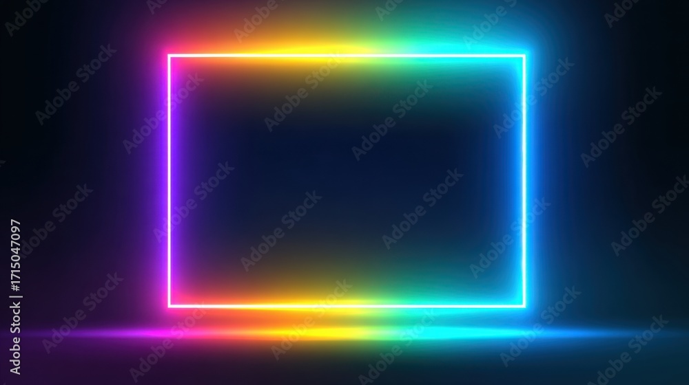 Fototapeta premium A vibrant neon rectangular frame glows with colors like blue pink and yellow set against a dark background perfect for showcasing artwork or design elements.