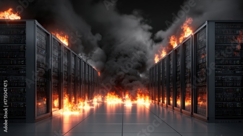 Flames blaze through a dark data center consuming servers while thick smoke billows and fills the atmosphere creating a scene of devastation and urgency.