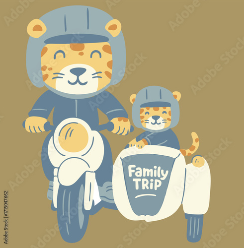 vector illustration of a cute tiger family trip on scooter son and dad driving scooter , cartoon illustrations lion graphic for boys 