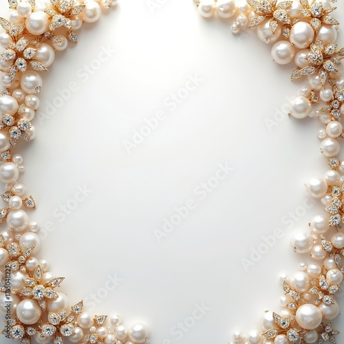 Luxury decorative frame with white pearls and gold diamond accents. White background provides ample copy space. Ideal for jewelry ads, wedding invitations, or fashion editorials.