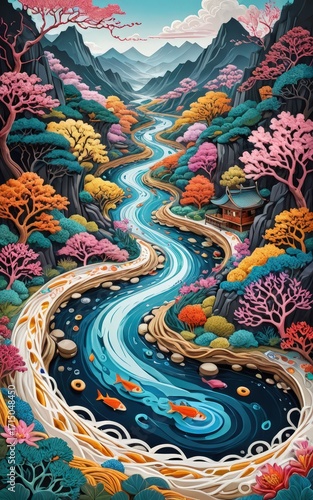 Wallpaper Mural Serene river landscape painting, colorful trees. Torontodigital.ca