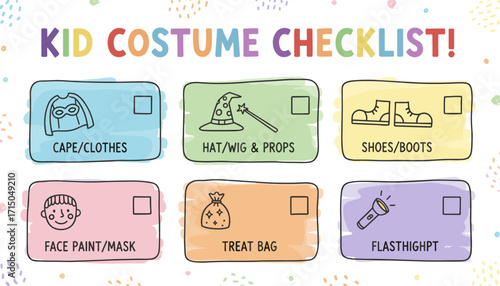 Colorful kids costume checklist for Halloween or party preparation Fun childhood activity