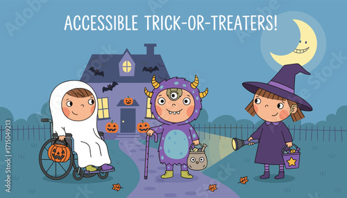Diverse children in Halloween costumes trickortreating highlighting accessibility and inclusivity
