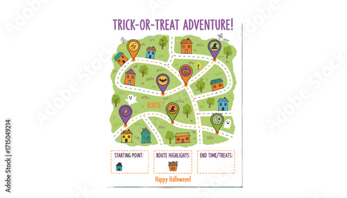 Cartoon Halloween trickortreat map for neighborhood adventure planning and festive fun