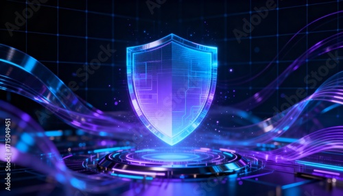 Abstract technology background with glowing shield hologram, futuristic cyber protection