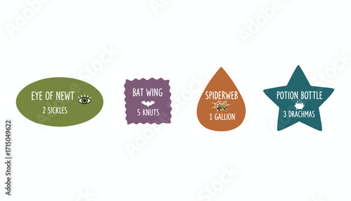 Halloween magic ingredients with prices eye of newt bat wing spiderweb potion bottle illustration