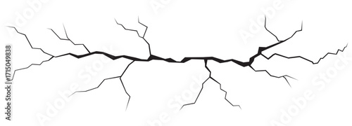 Abstract black crack illustration on white background. Jagged, irregular lines with branching fissures create depth. Bold, graphic style, clean composition, symbolizing break or separation.