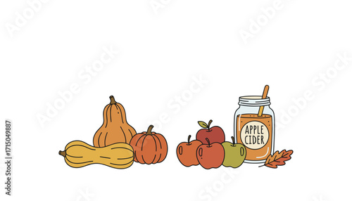 Autumn harvest illustration with pumpkins apples and fresh apple cider for fall season concepts