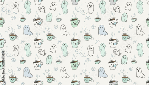 Charming handdrawn pattern with cute ghosts and coffee cups Ideal for Halloween or comfort themes