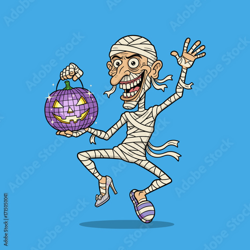 Funny mummy in costume with sparkly pumpkin bucket ready for Halloween trickortreat fun