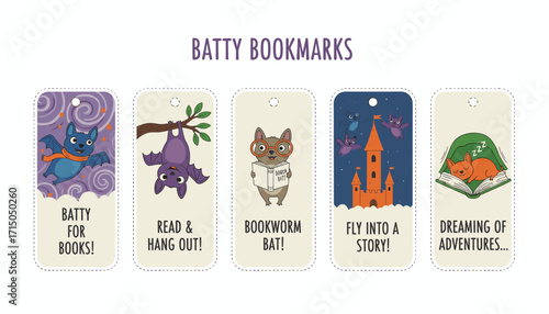 Cute cartoon bat bookmarks promoting reading imagination and adventure for children
