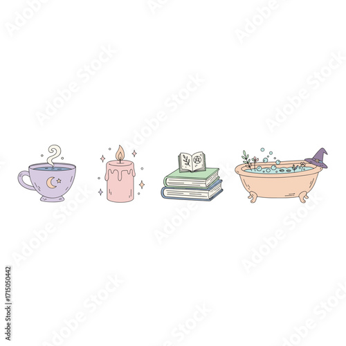 Cozy magical selfcare essentials steaming mug glowing candle mystical books and a witchy bath